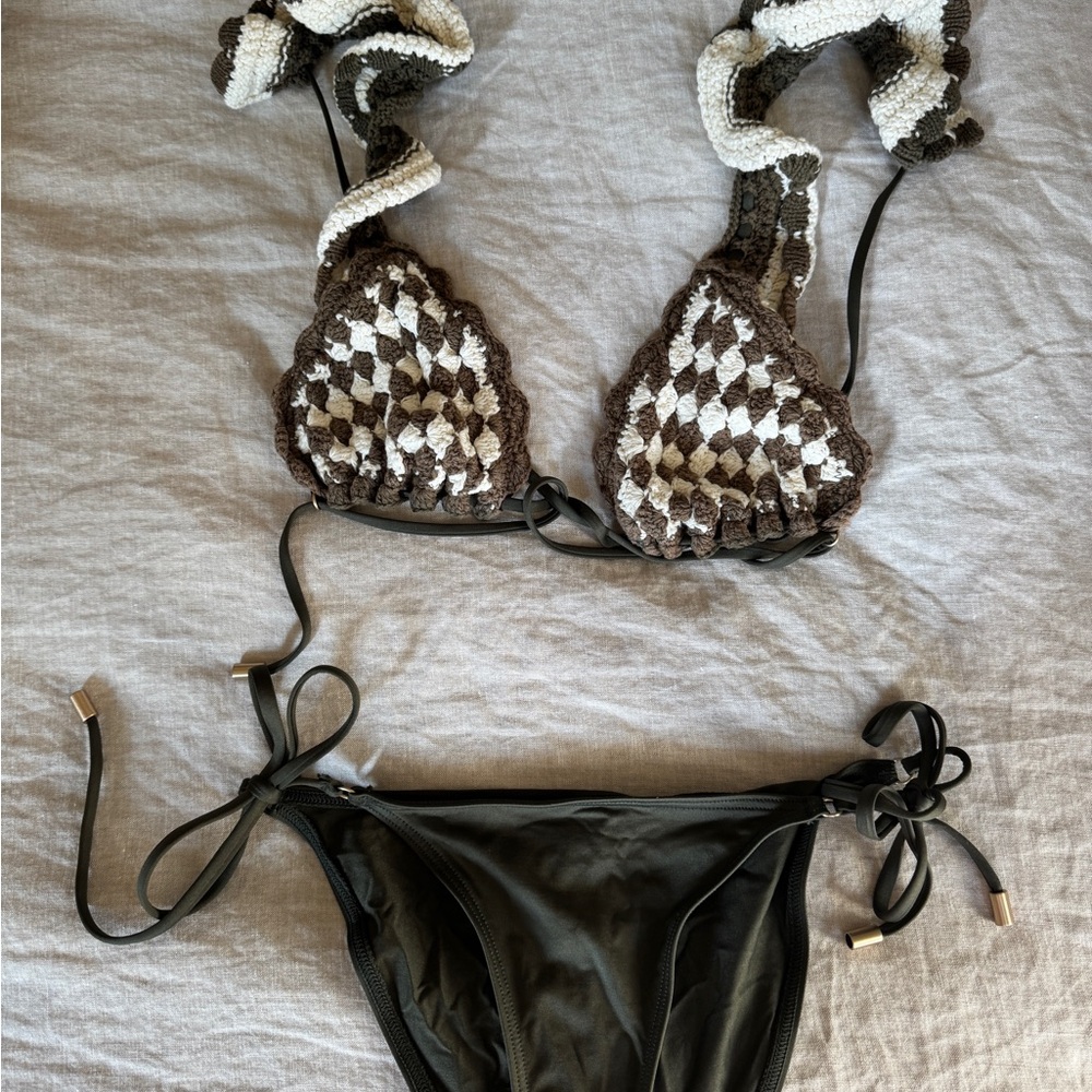 Zimmermann Brown and White Crochet Bikini